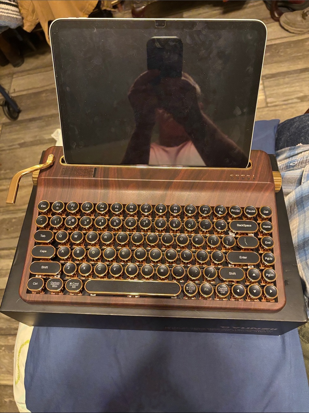 Bluetooth Keyboard in Dark Wood and Gold